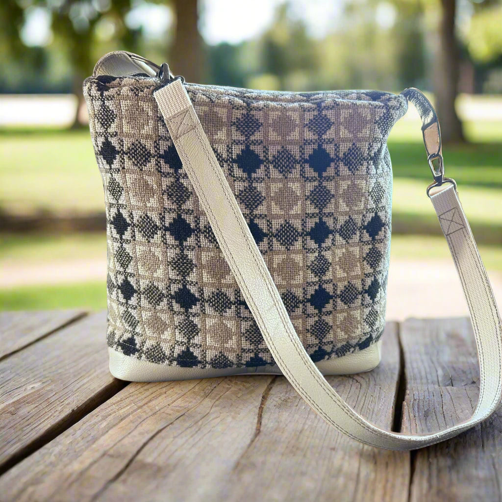 Vintage Welsh tapestry and leather Bucket handbag