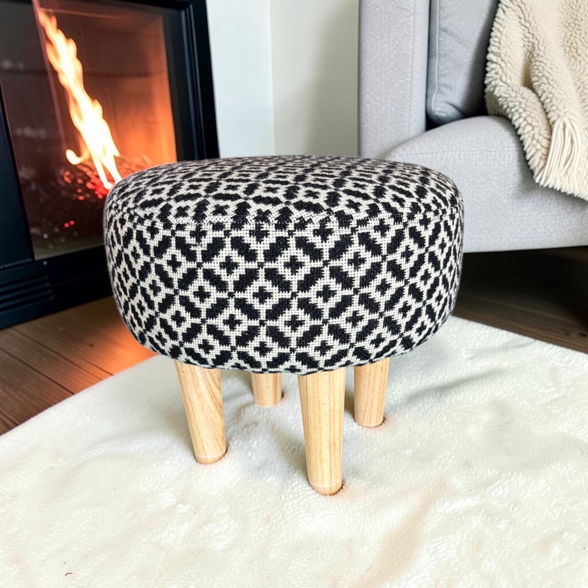 Welsh Tapestry Footstool — Black & Cream Geometric | Wooden Legs | FS-3