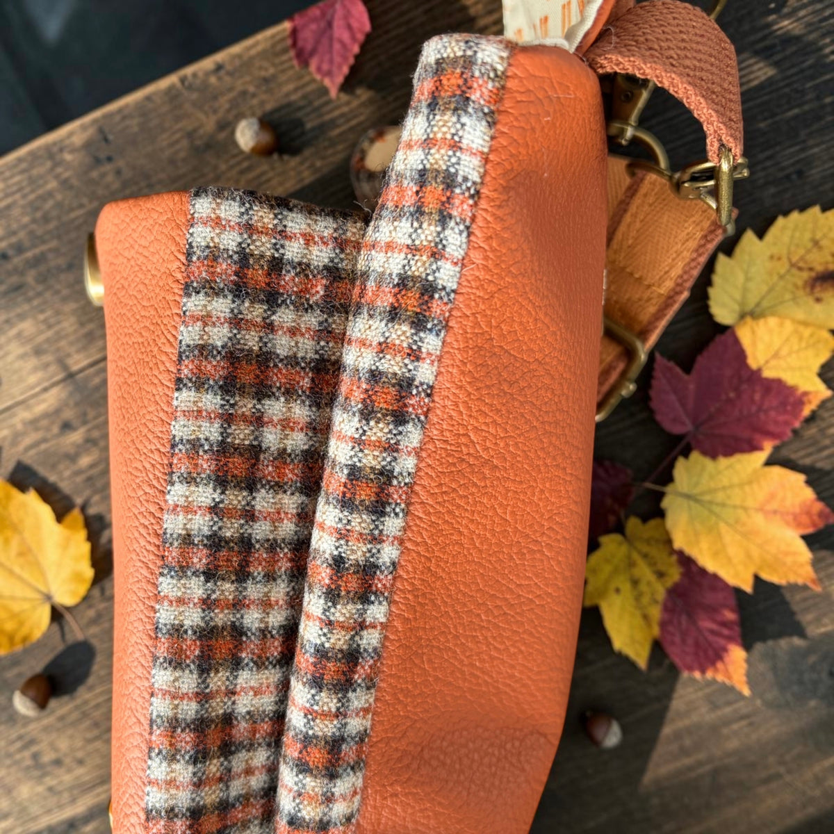 The Melindwr mini phone bag in real leather and upcycled wool