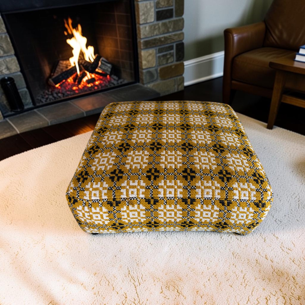 Welsh Tapestry Footstool — Mustard, Cream & Black Geometric | Oak Legs | FS-1