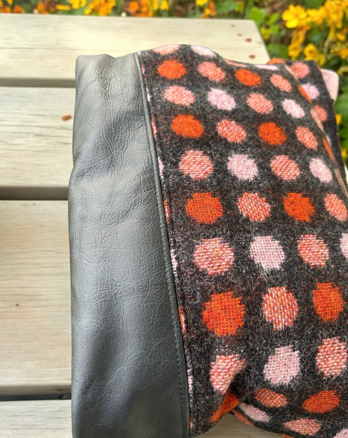 Handmade vintage upcycled Wool and real leather bucket bag