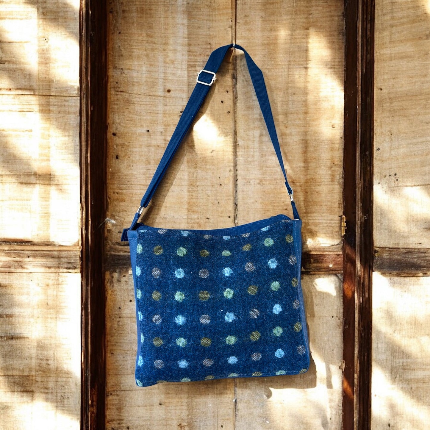 Navy Polka Dot handbag, upcycled wool and leather