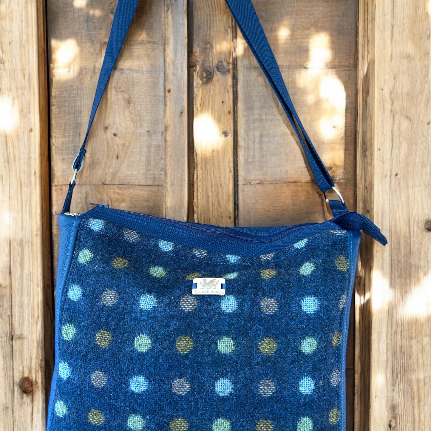 Navy Polka Dot handbag, upcycled wool and leather
