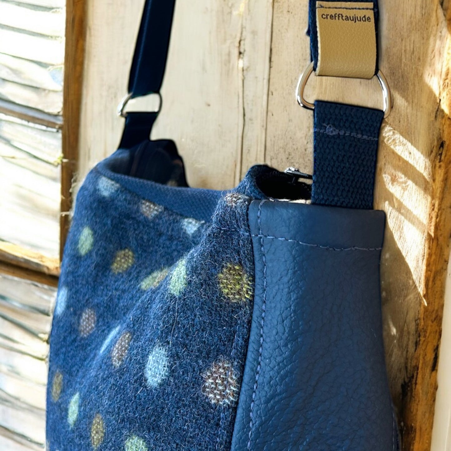 Navy Polka Dot handbag, upcycled wool and leather