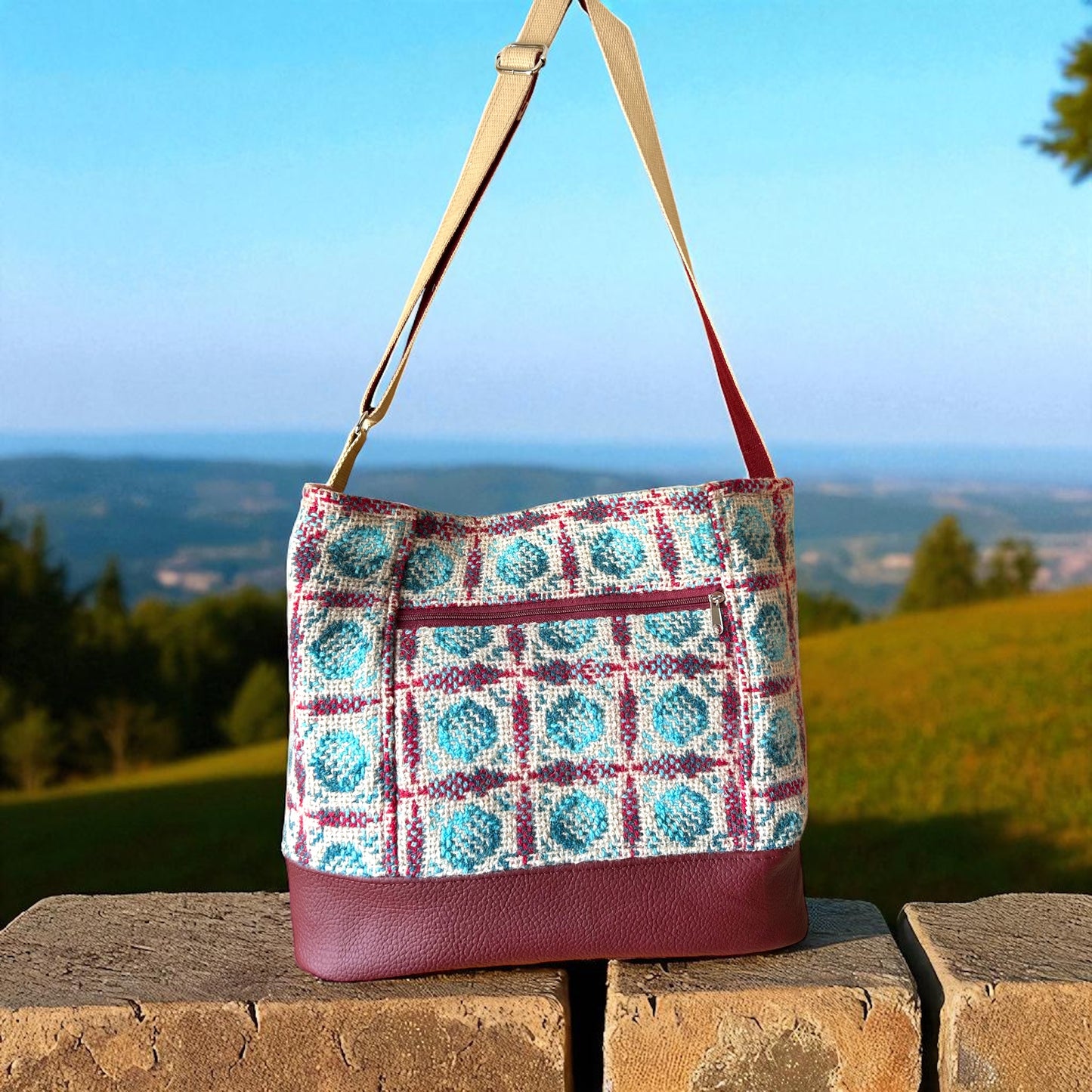 Upcycled Wool mix Bucket shoulder bag with Leather base