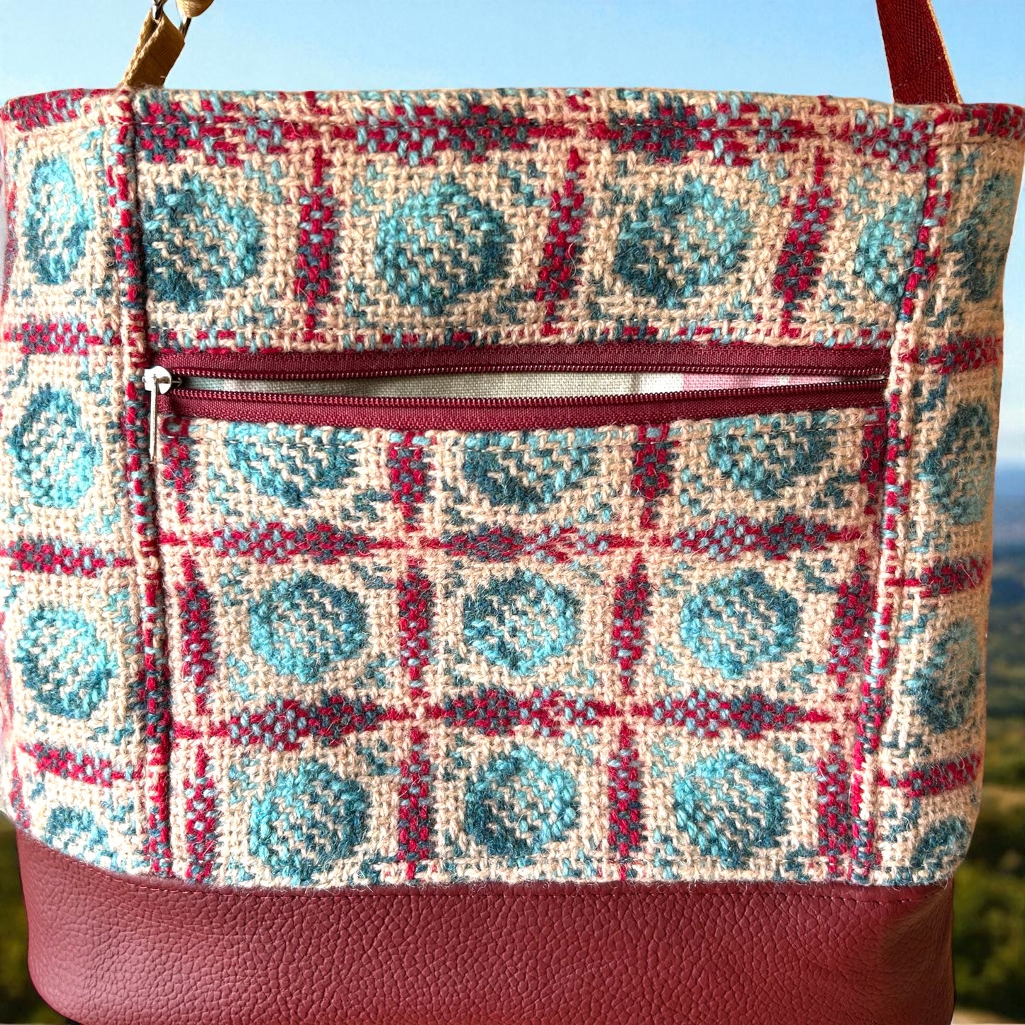 Upcycled Wool mix Bucket shoulder bag with Leather base