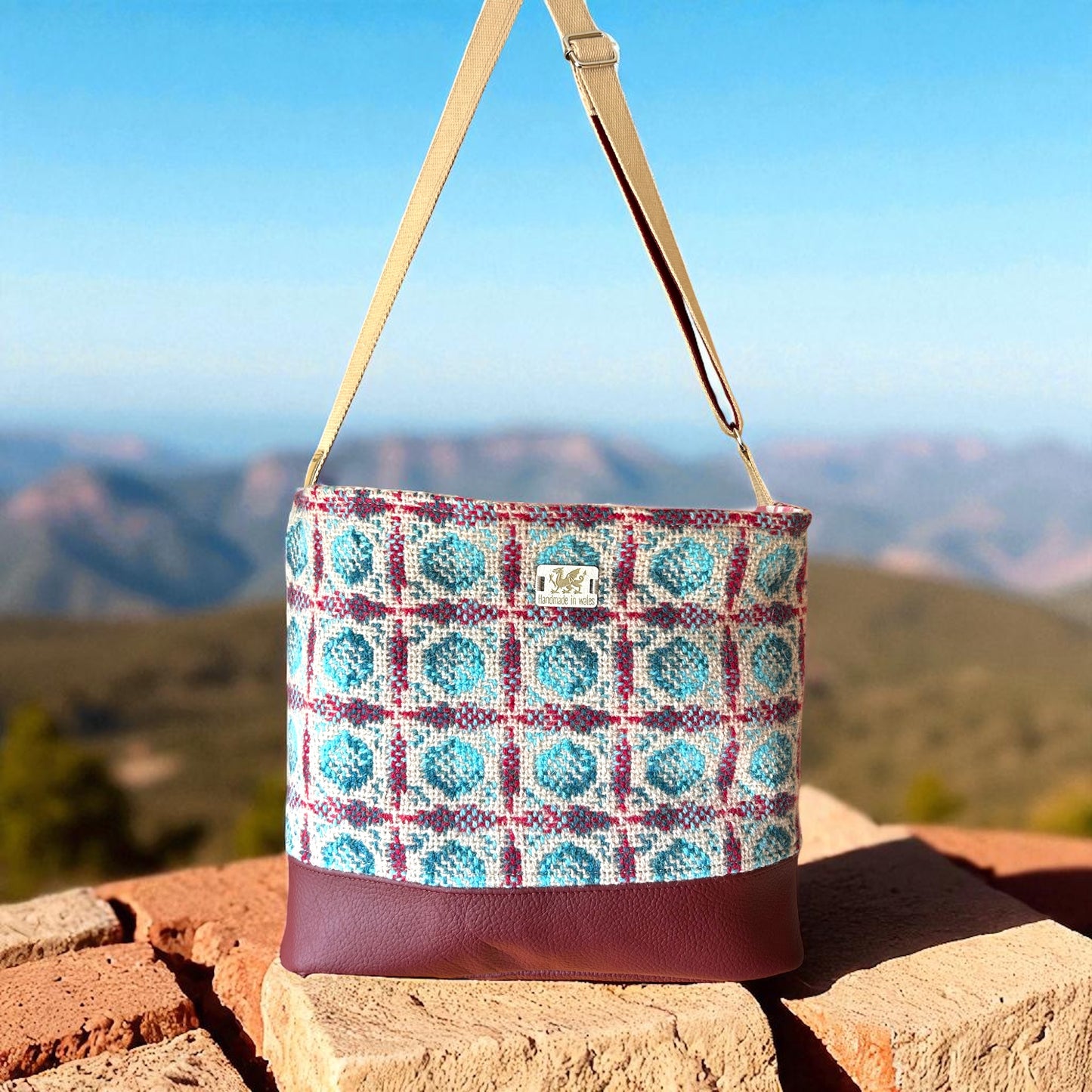 Upcycled Wool mix Bucket shoulder bag with Leather base