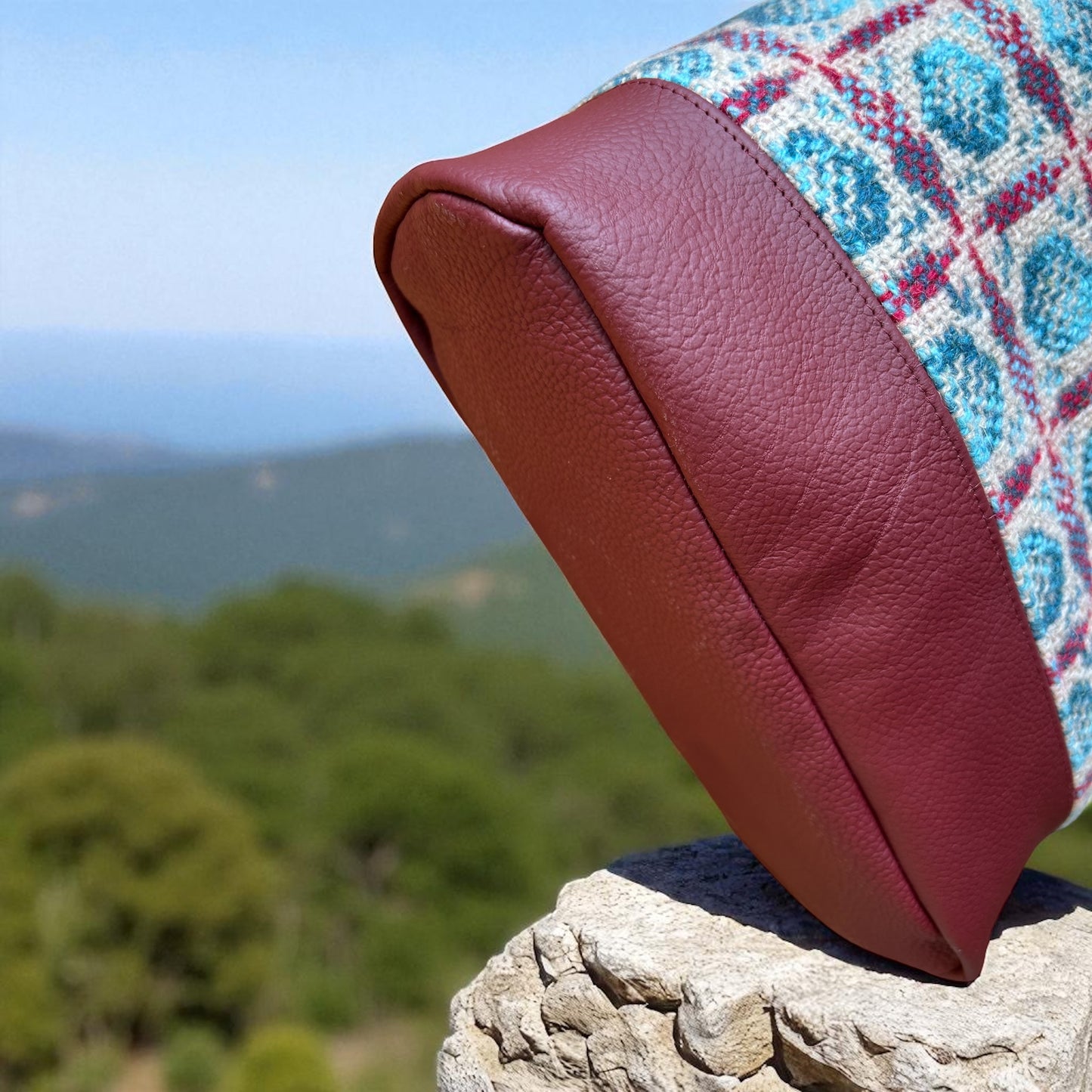 Upcycled Wool mix Bucket shoulder bag with Leather base