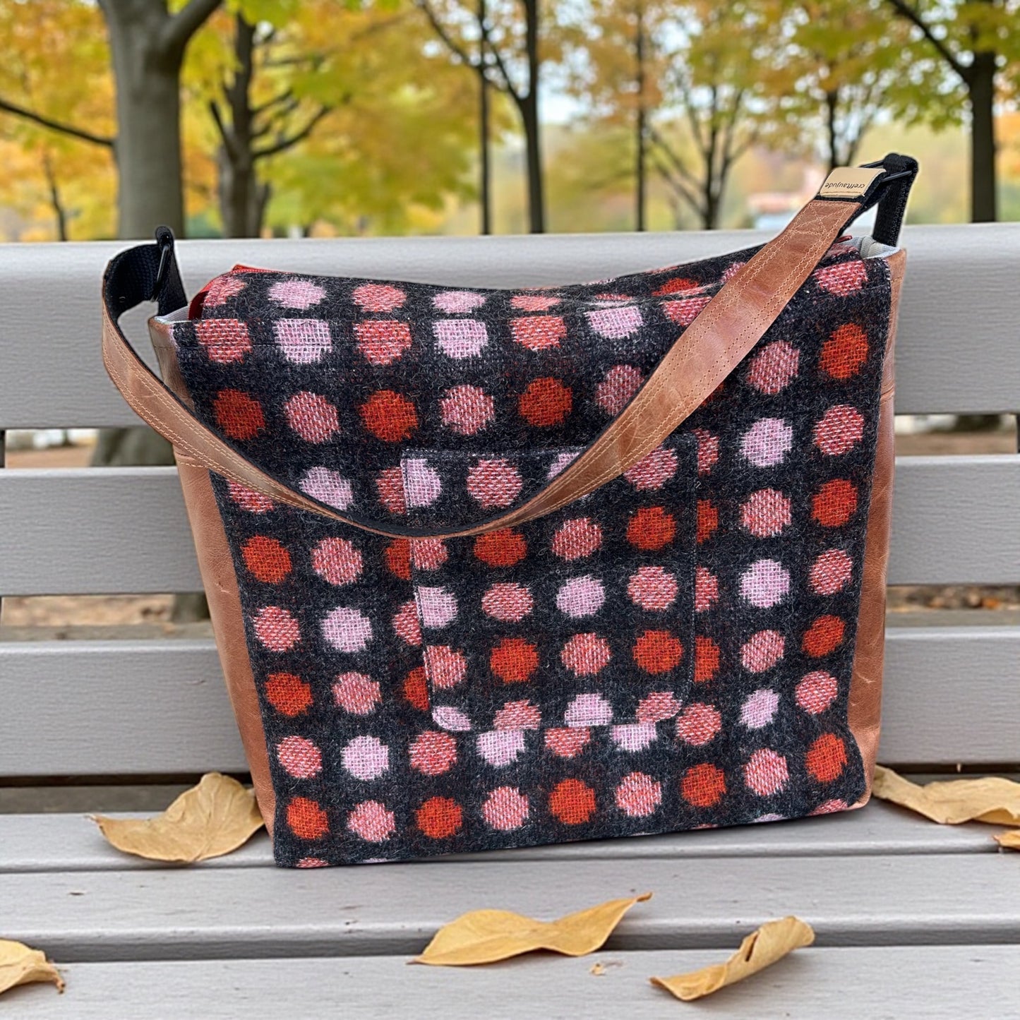 Handcrafted vintage upcycled wool and leather shoulder bag