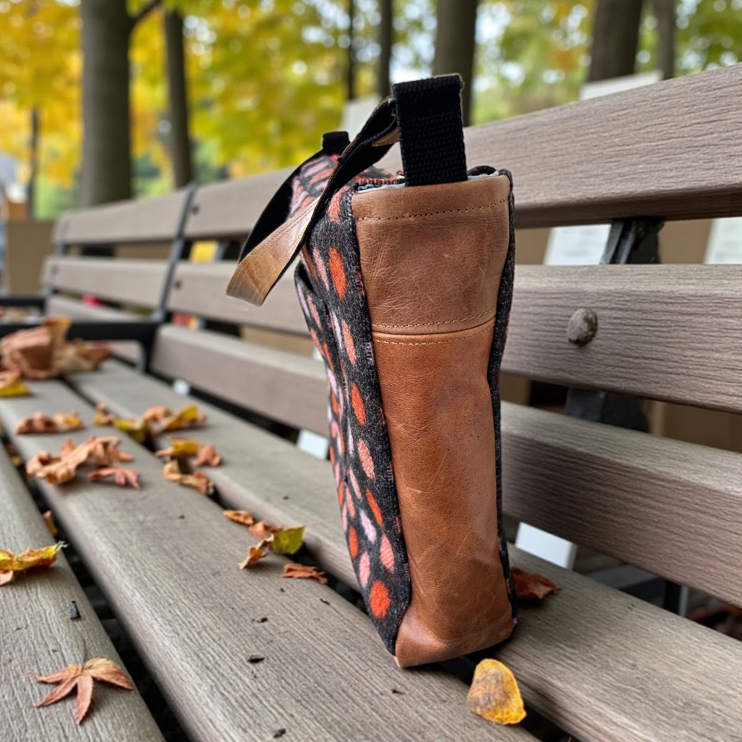 Handcrafted vintage upcycled wool and leather shoulder bag