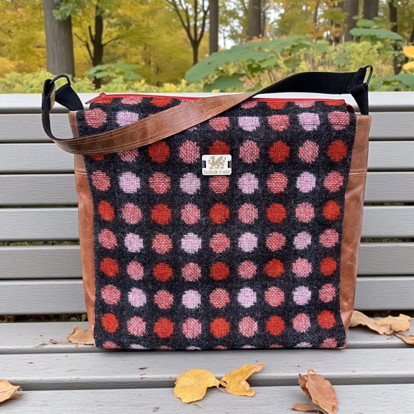 Handcrafted vintage upcycled wool and leather shoulder bag