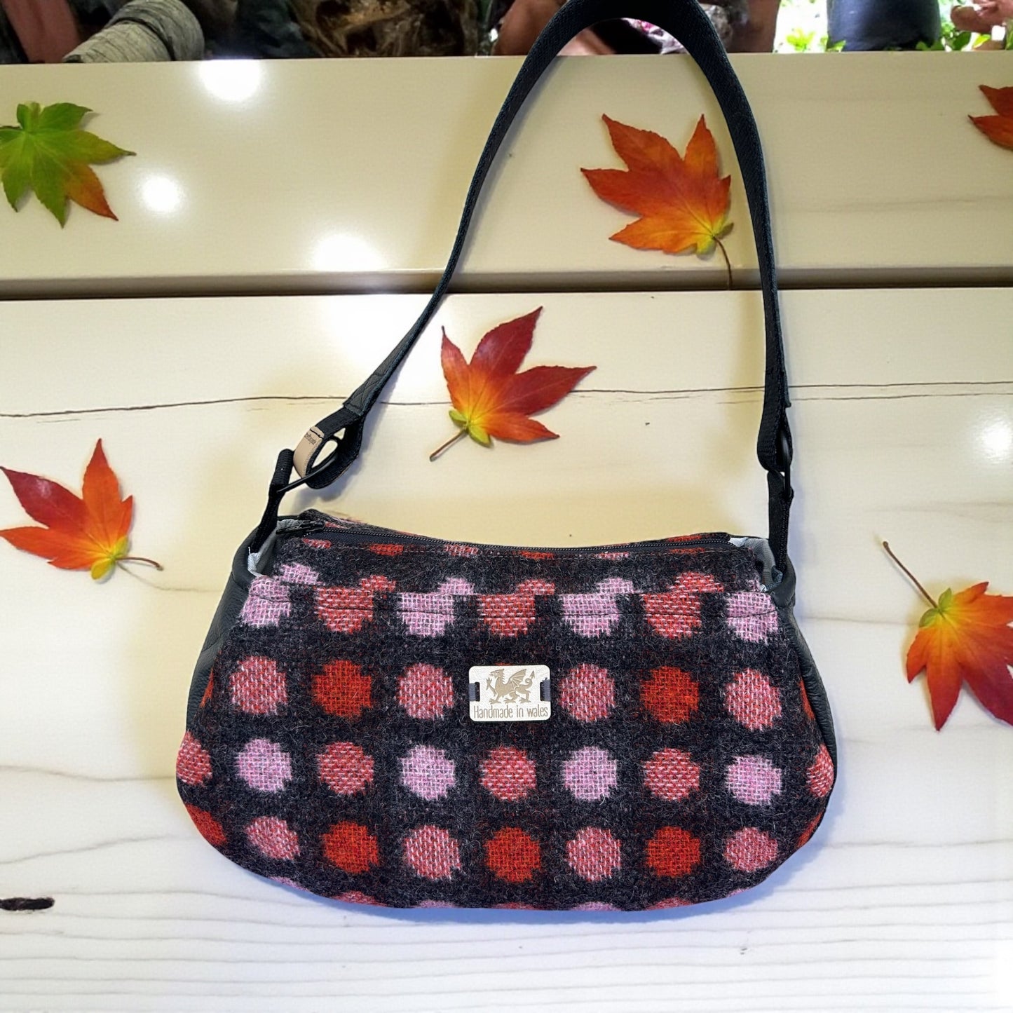 Handmade upcycled wool and leather baguette handbag