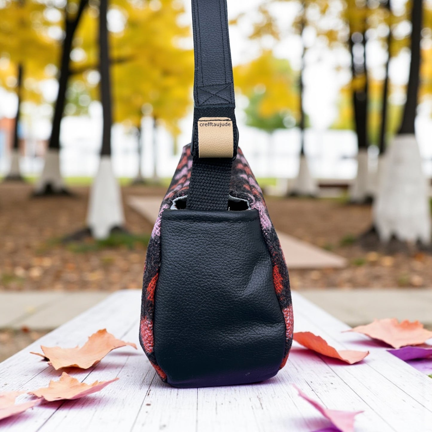 Handmade upcycled wool and leather baguette handbag