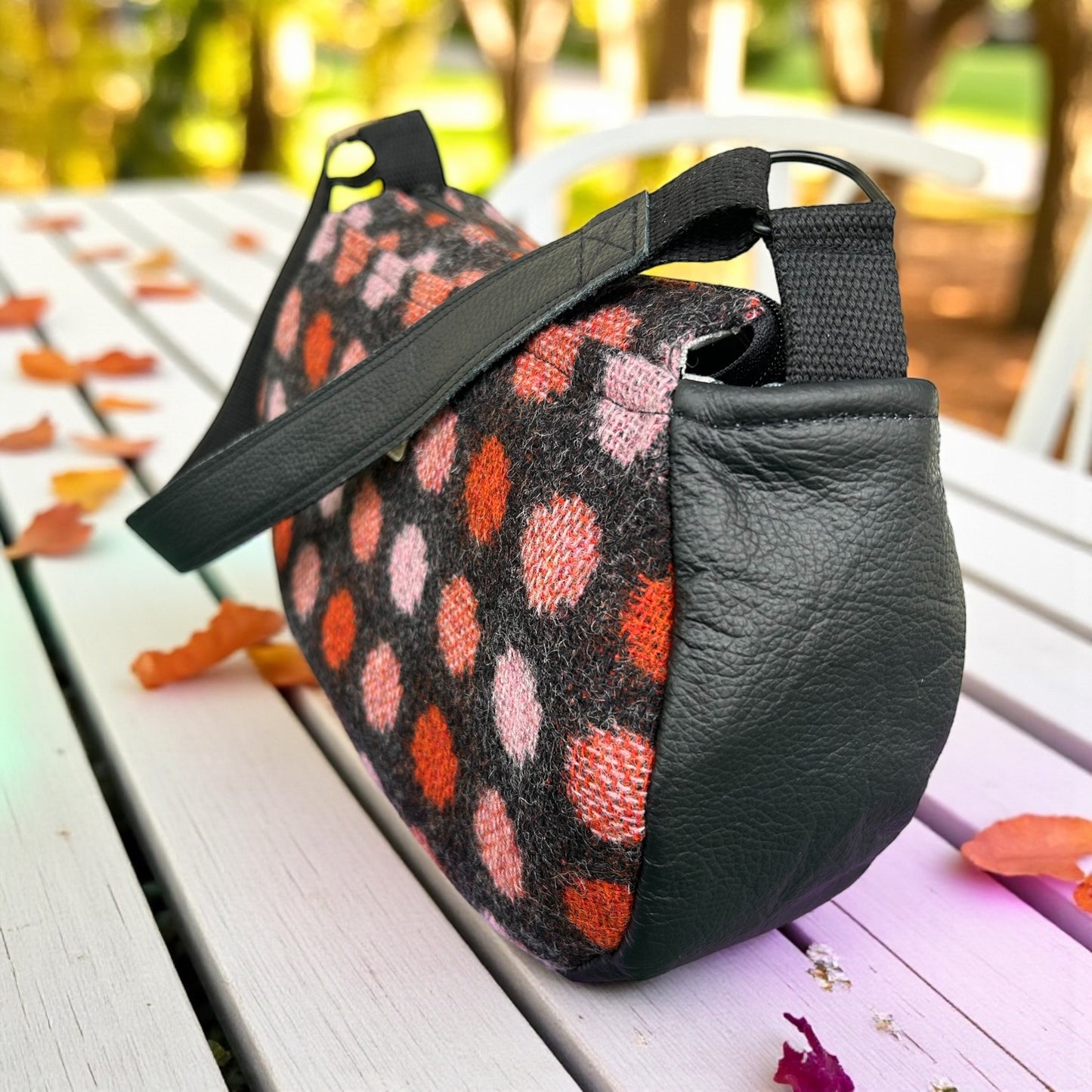 Handmade upcycled wool and leather baguette handbag
