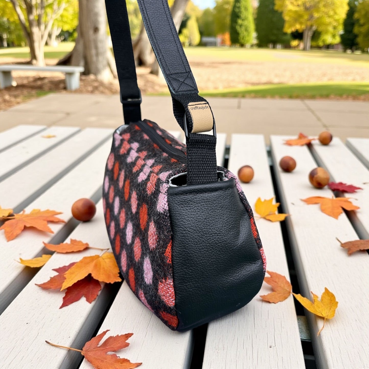Handmade upcycled wool and leather baguette handbag