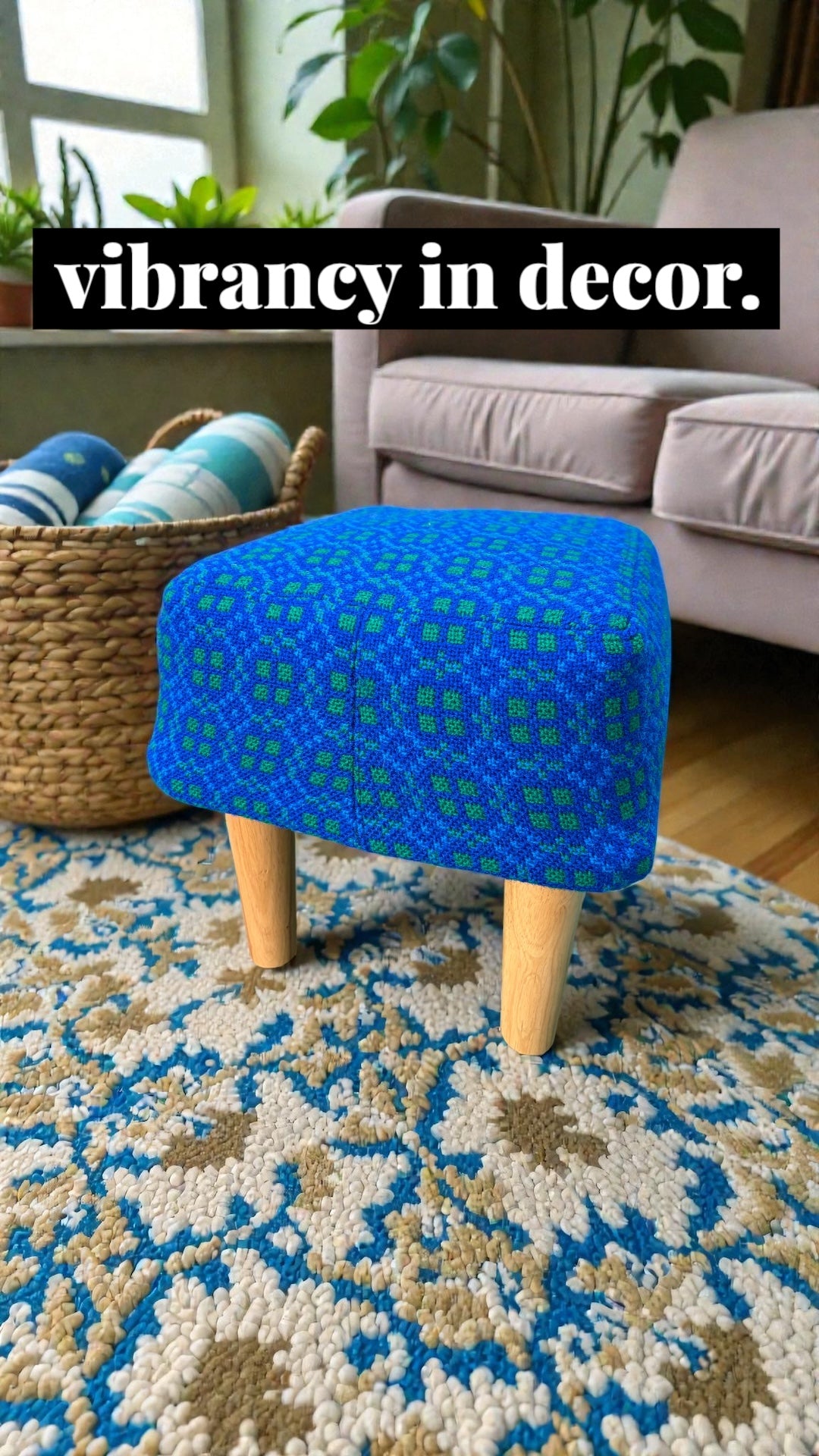 Vintage Welsh tapestry footstool with oak legs