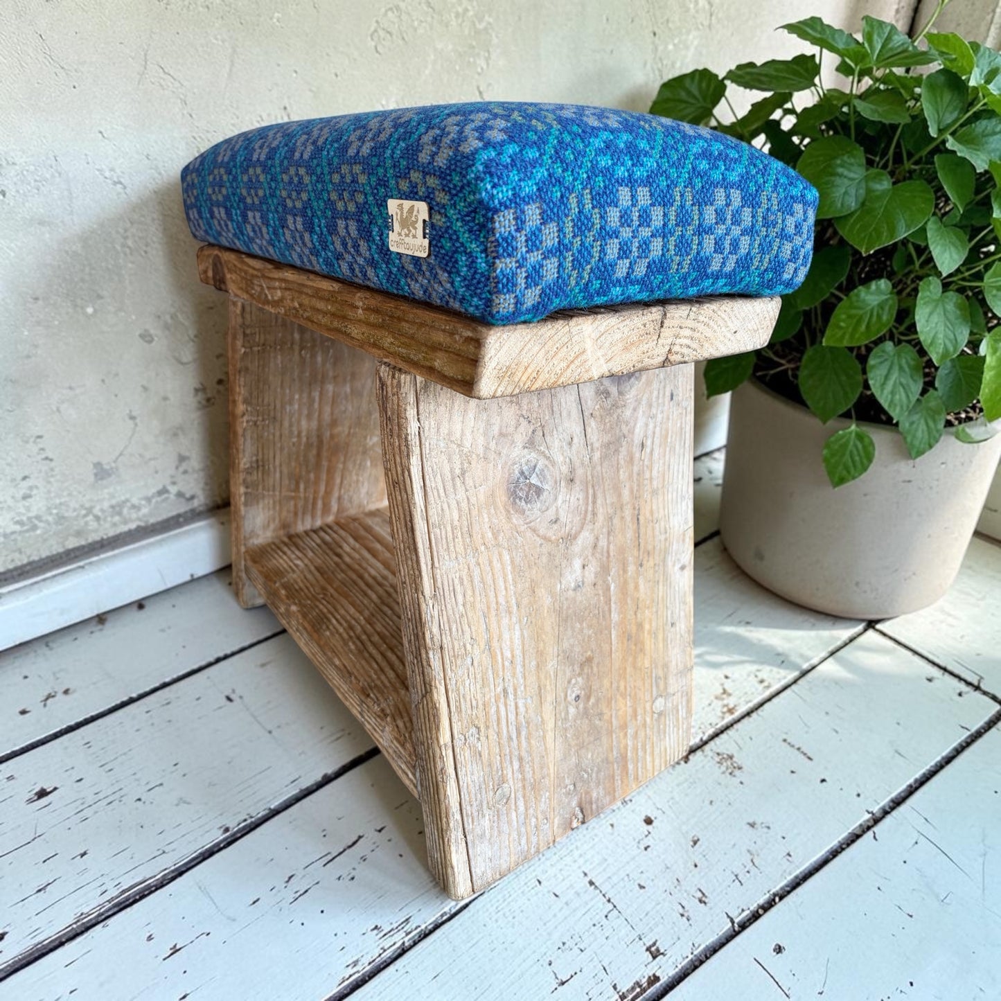 The Cwtsh Stool — Handmade Reclaimed Wood Footstool with Welsh Tapestry