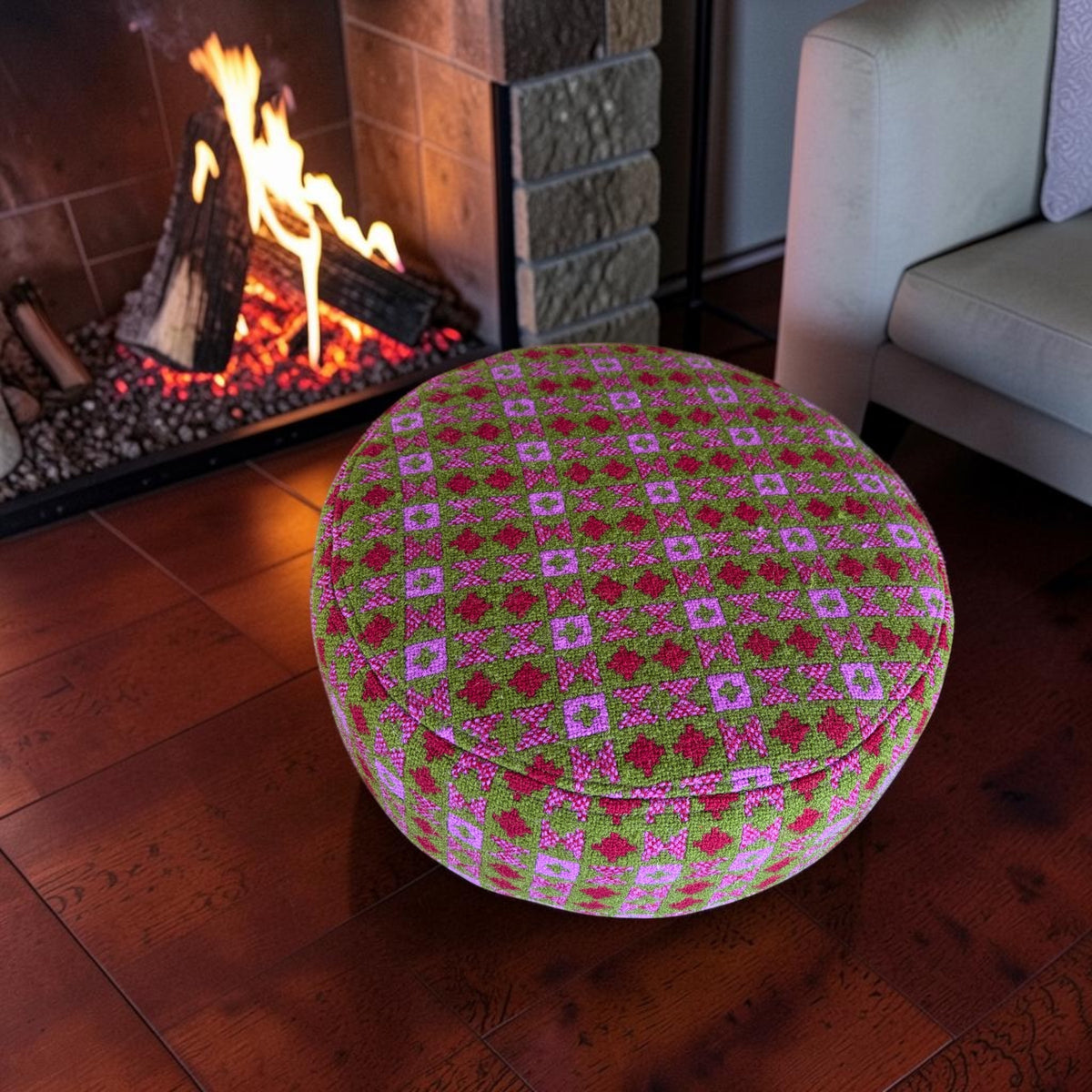 Welsh Tapestry Footstool — Pink & Khaki Geometric | Chunky Wooden Legs | FS-2