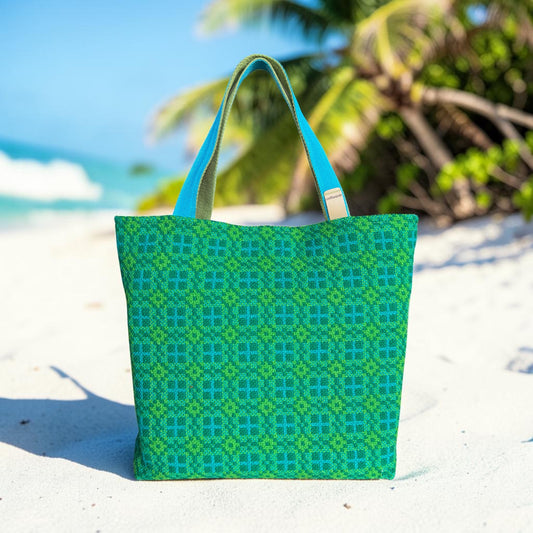 Welsh Tapestry Tote Bag — Bright Green Cross Design