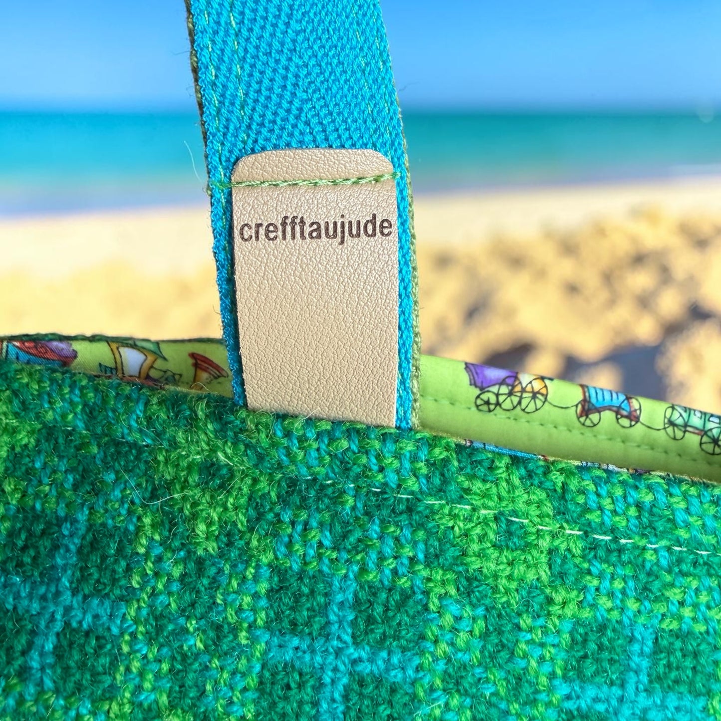Welsh Tapestry Tote Bag — Bright Green Cross Design
