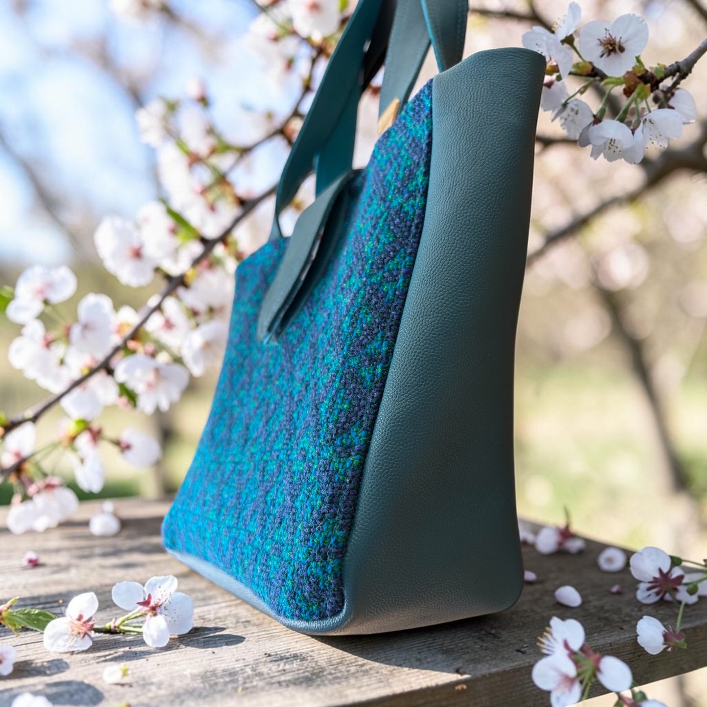 Welsh wool tapestry tote bag with leather
