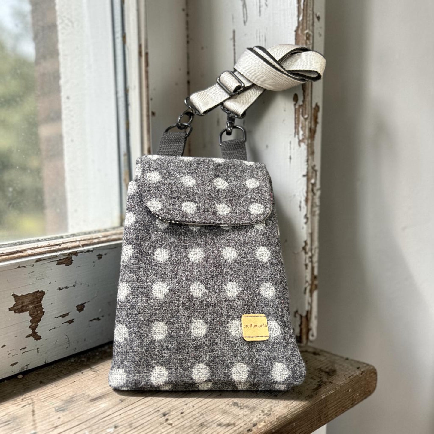 The Melindwr mini phone bag in upcycled wool