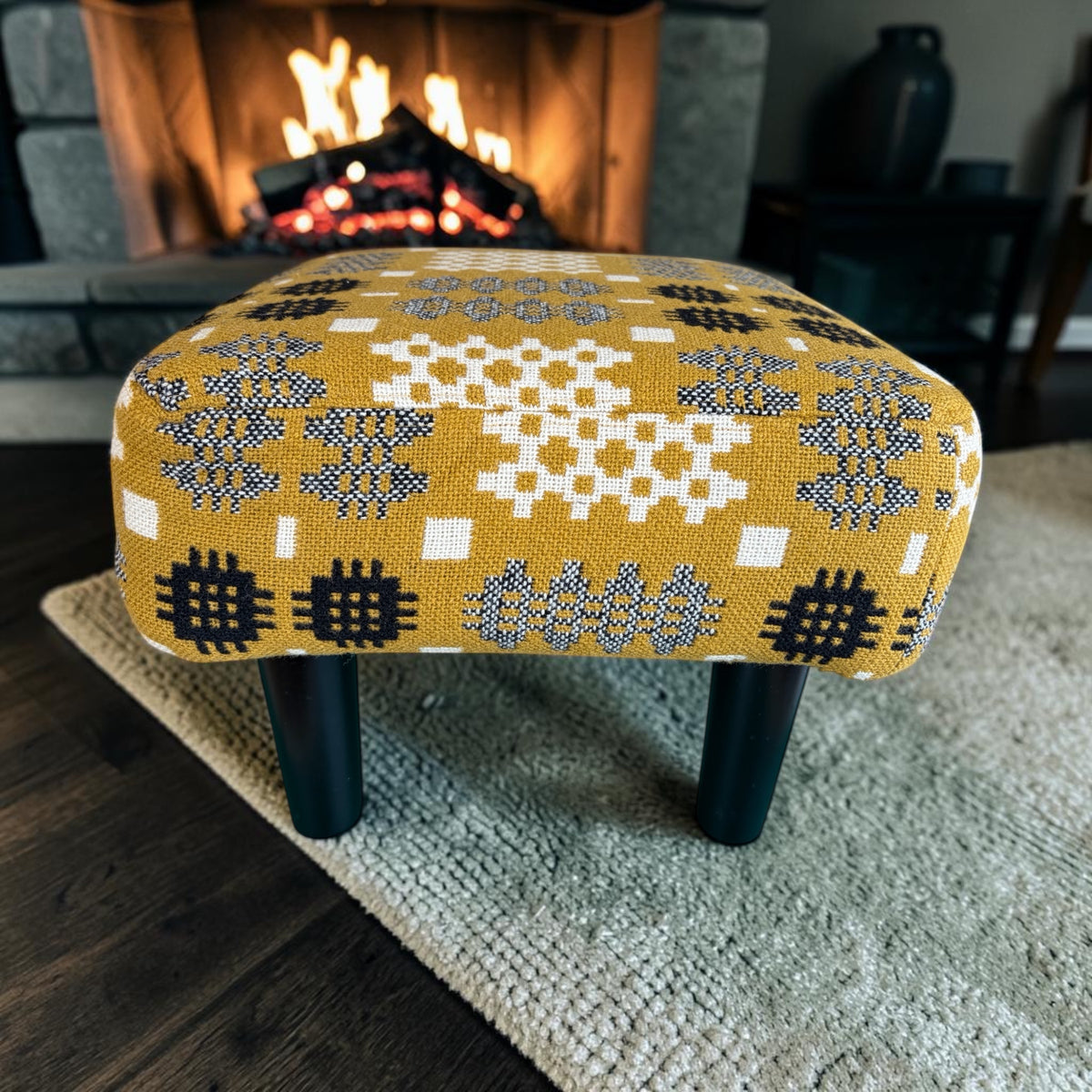 Welsh Tapestry Footstool — Mustard, Black & Cream Portcullis | Black Legs | FS-4