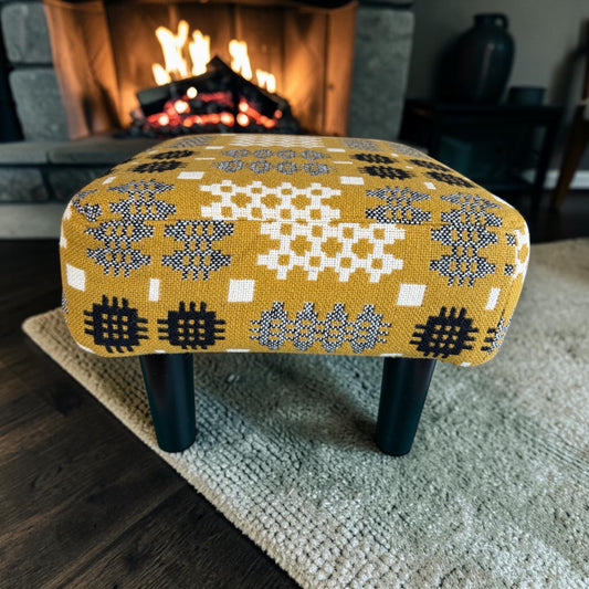 Welsh Tapestry Footstool — Mustard, Black & Cream Portcullis | Black Legs | FS-4
