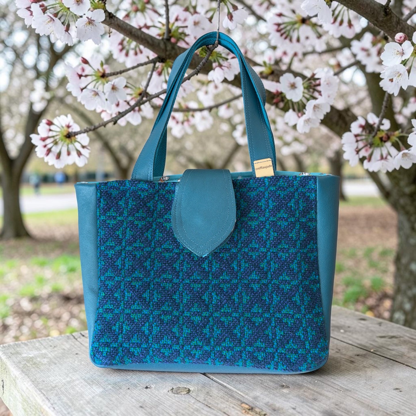 Welsh wool tapestry tote bag with leather