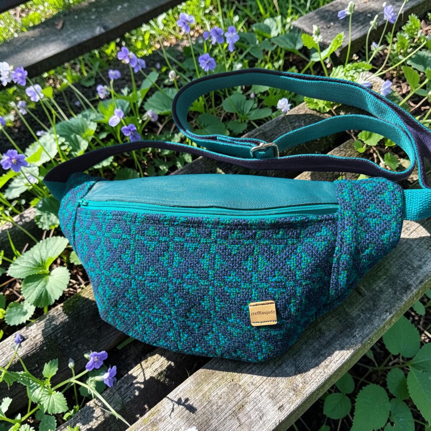 welsh wool tapestry and leather crossbody bumbag