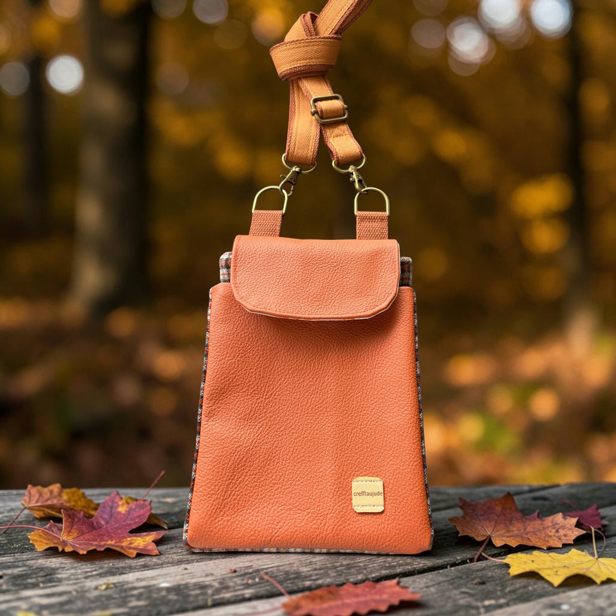 The Melindwr mini phone bag in real leather and upcycled wool