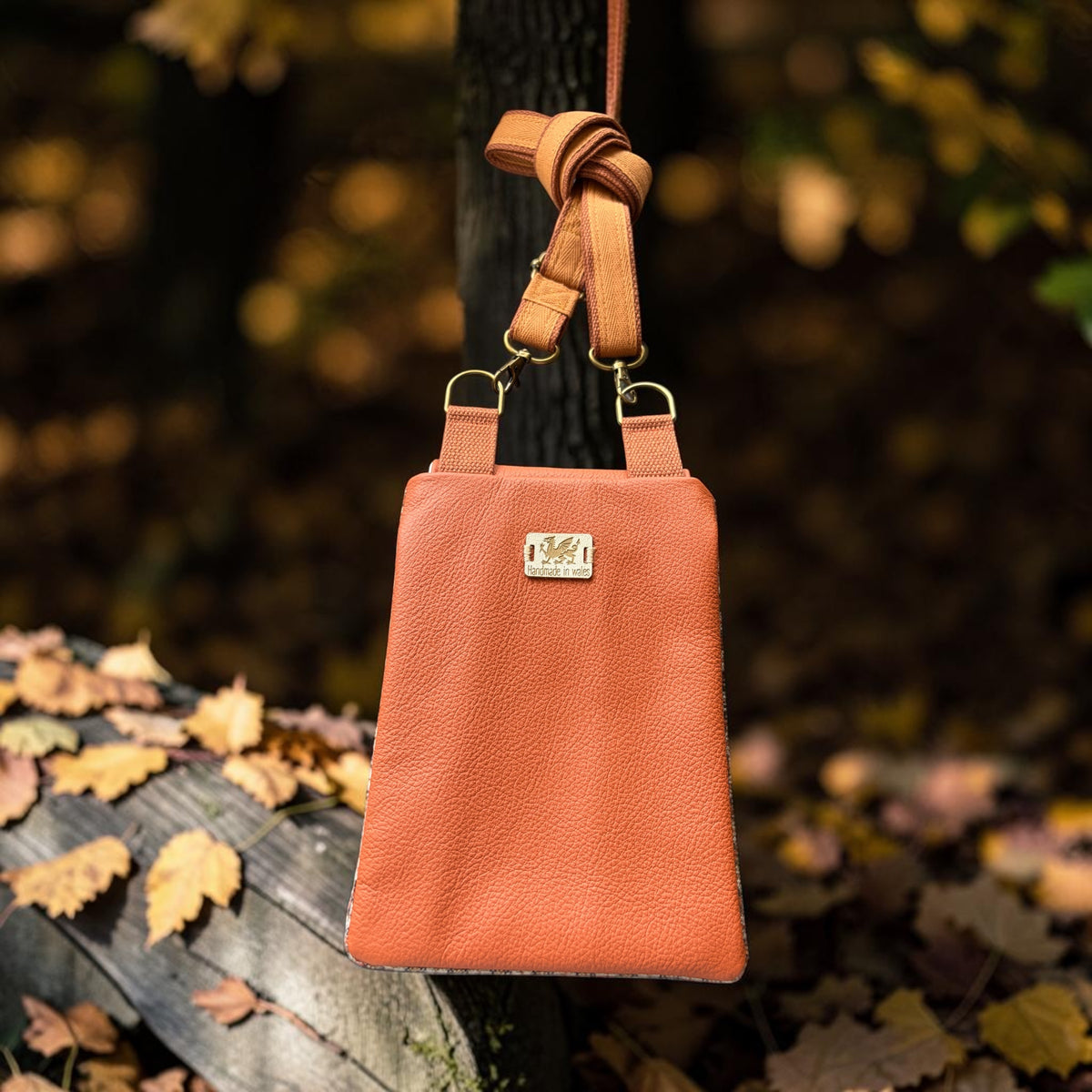 The Melindwr mini phone bag in real leather and upcycled wool