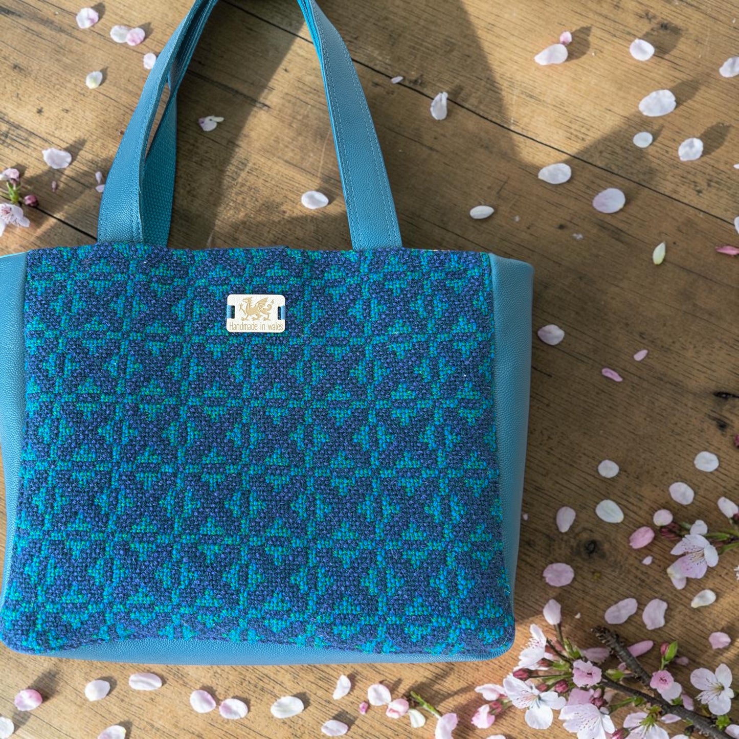 Welsh wool tapestry tote bag with leather