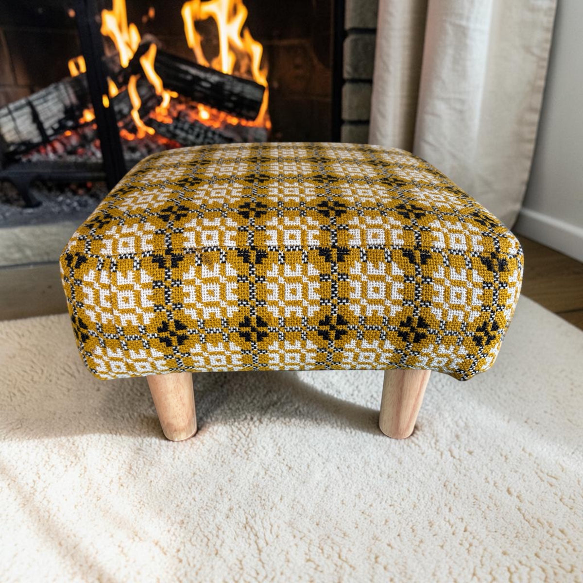 Welsh Tapestry Footstool — Mustard, Cream & Black Geometric | Oak Legs | FS-1