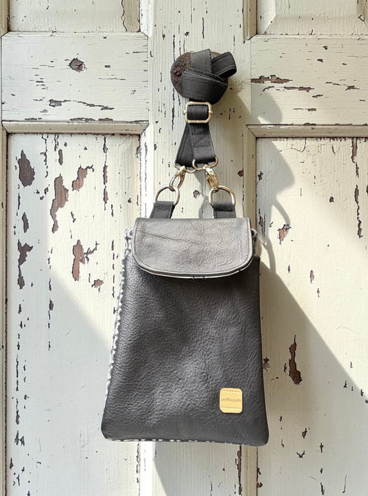 The Melindwr mini phone bag in real leather and upcycled wool