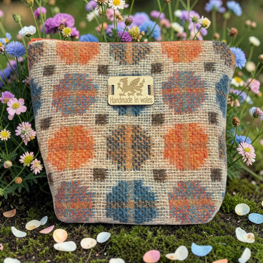 Upcycled Wool Make Up Bag — Smoky Blue & Burnt Orange
