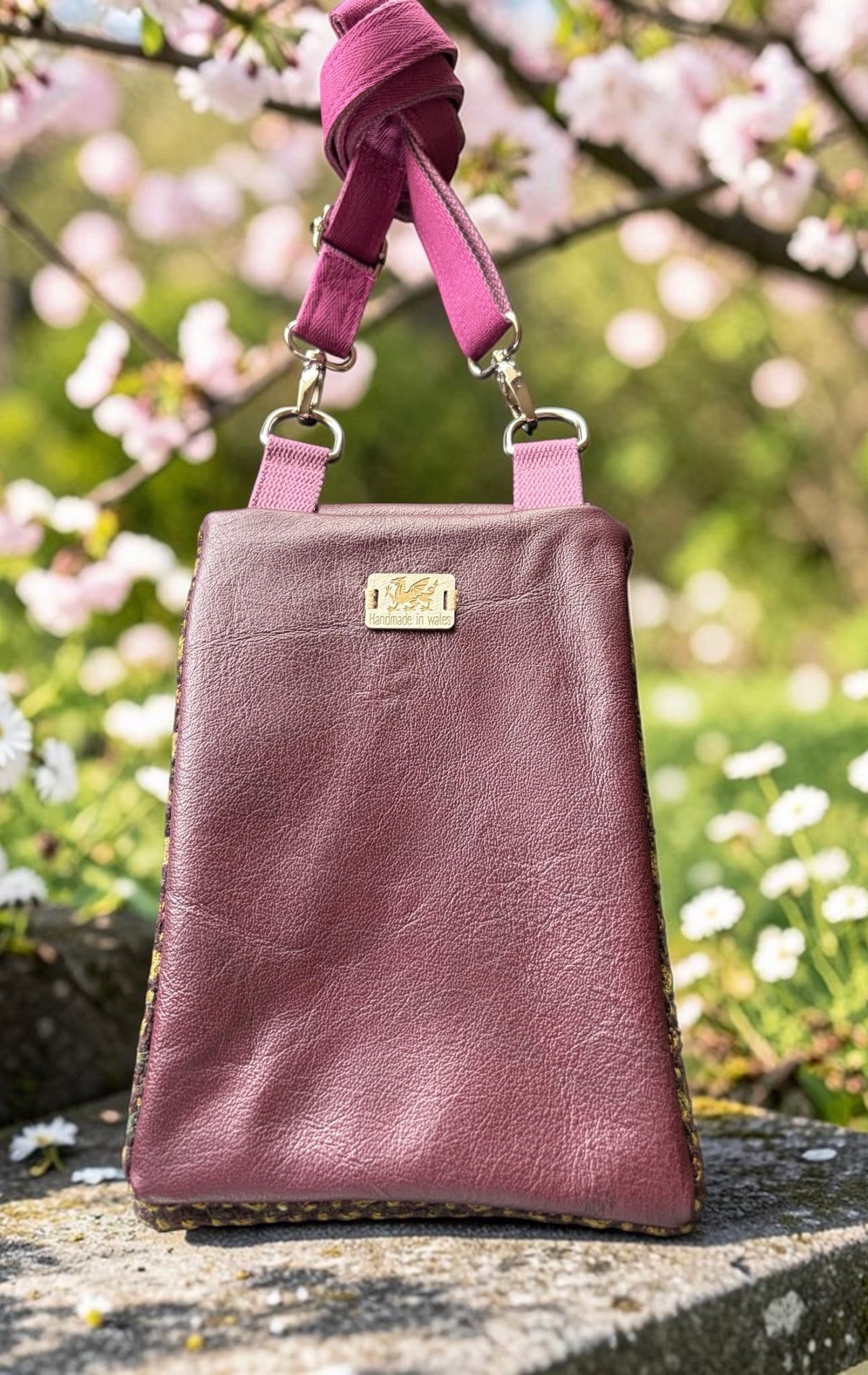 The Melindwr mini phone bag in real leather and upcycled wool