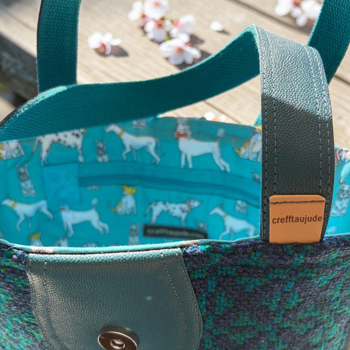 Welsh wool tapestry tote bag with leather