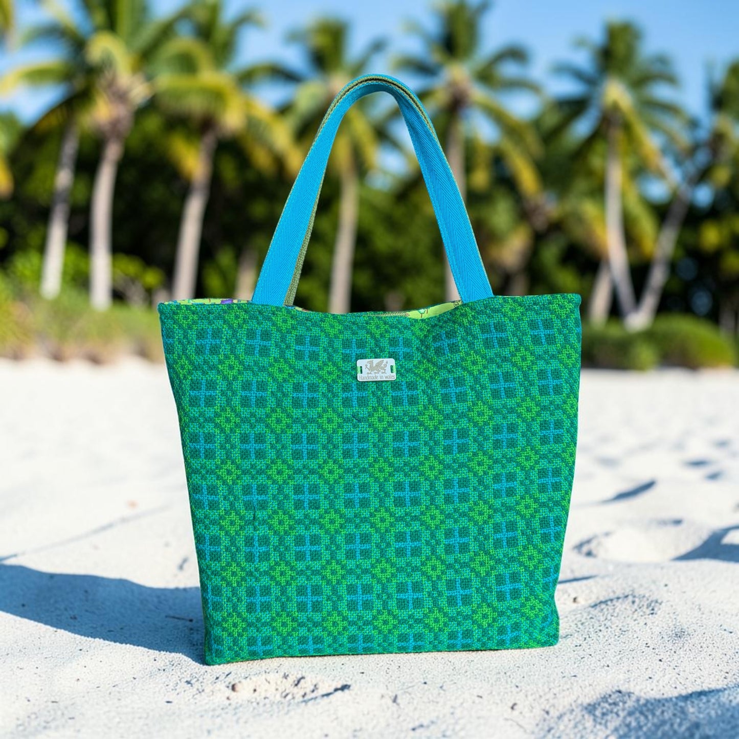 Welsh Tapestry Tote Bag — Bright Green Cross Design