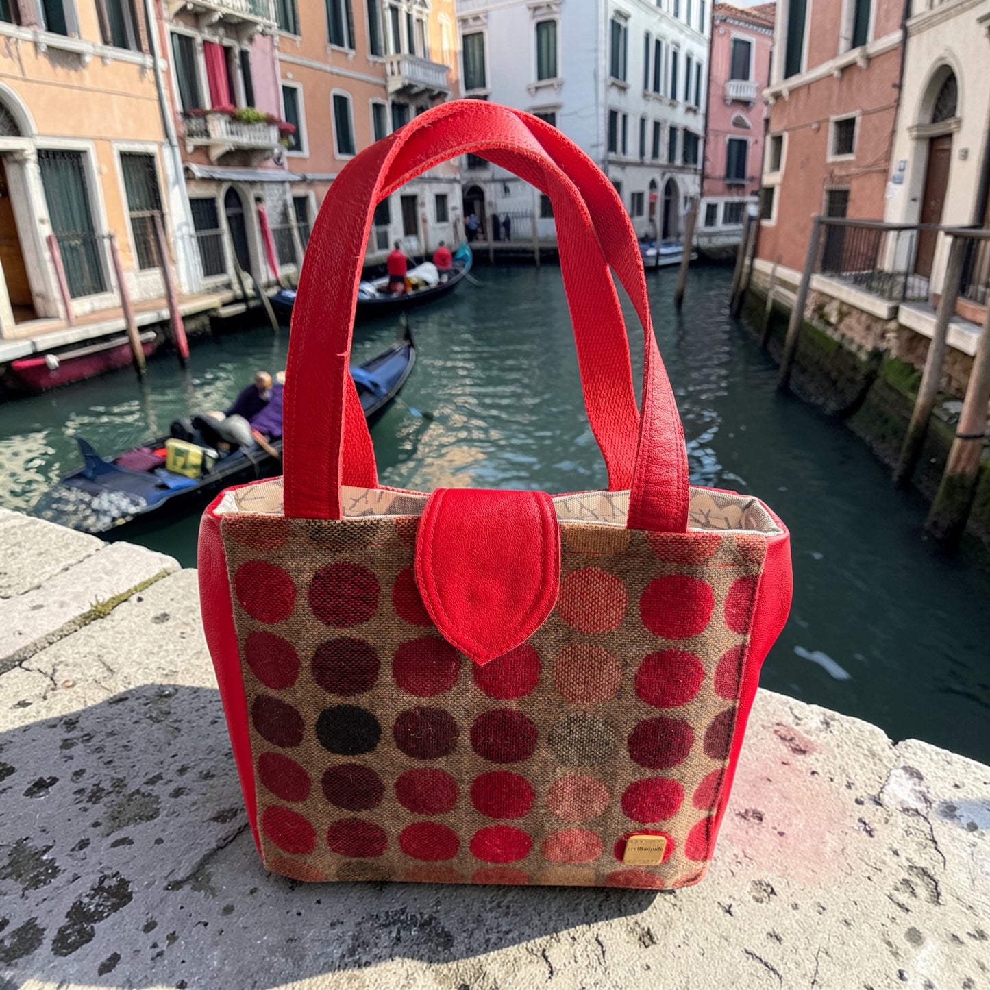 Handcrafted wool small tote handbag with real leather