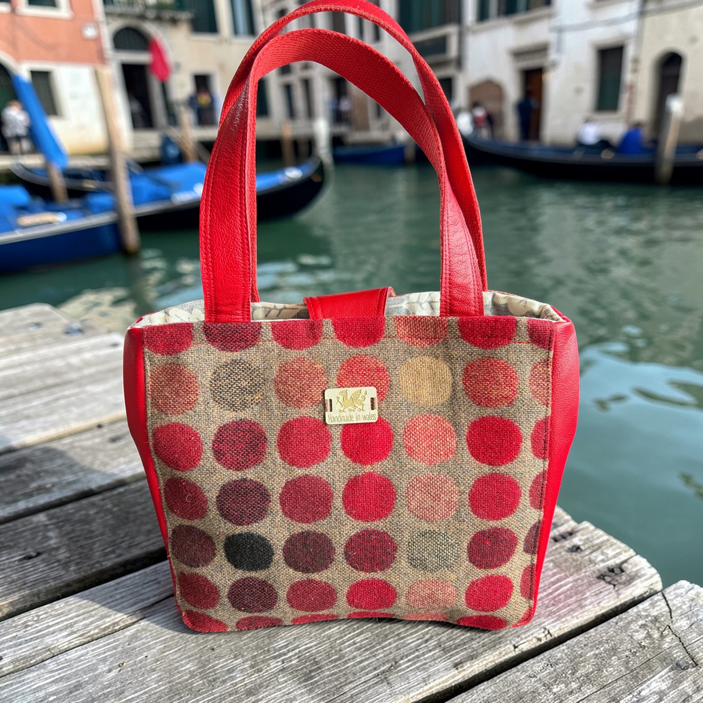 Handcrafted wool small tote handbag with real leather