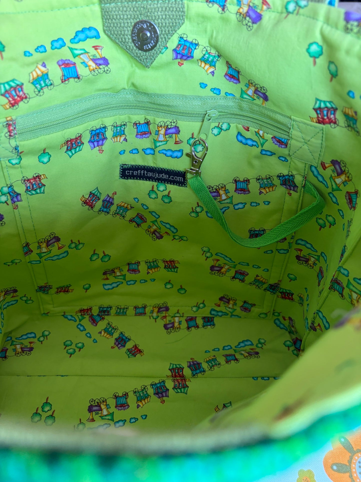 Welsh Tapestry Tote Bag — Bright Green Cross Design