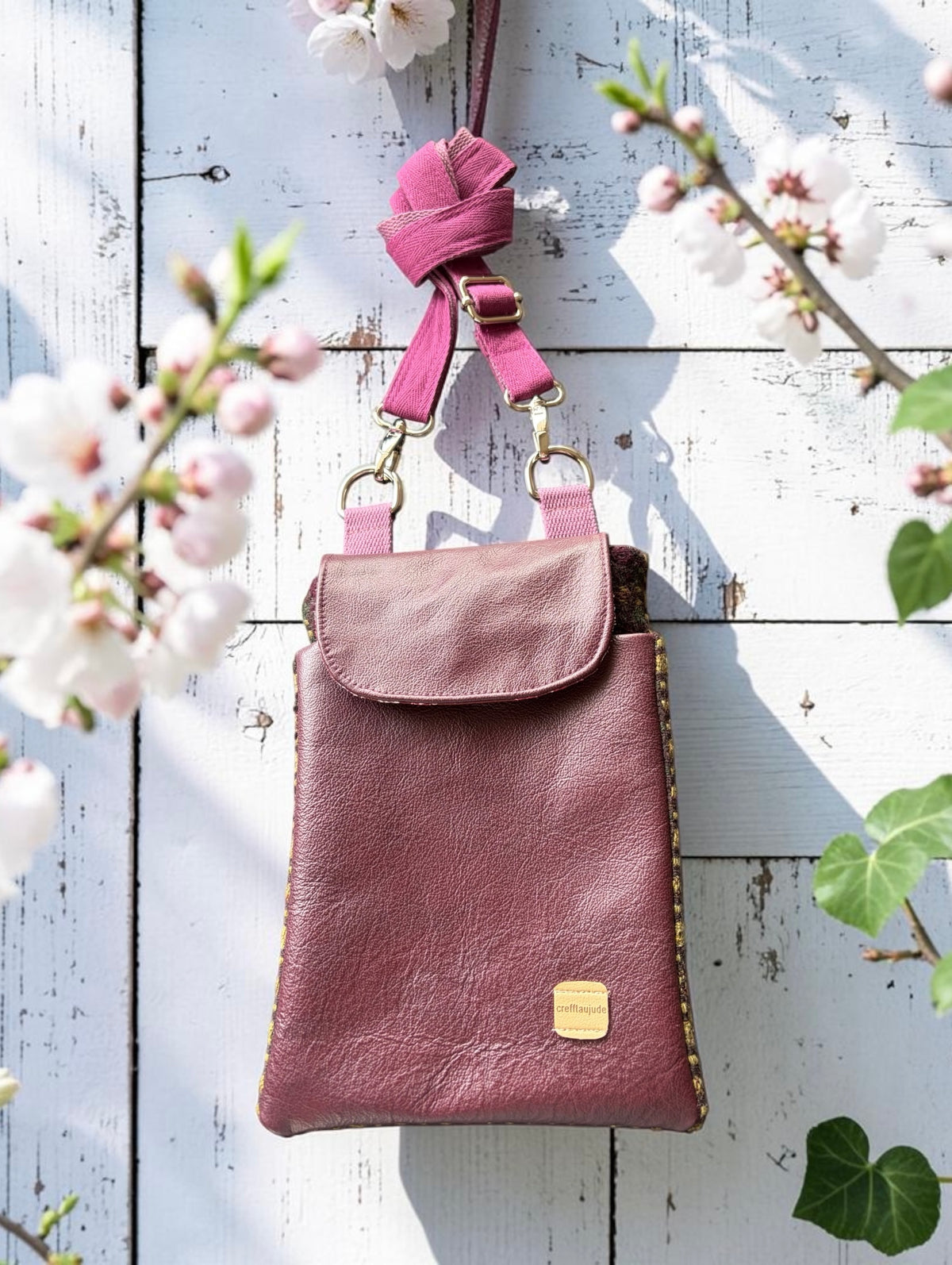 The Melindwr mini phone bag in real leather and upcycled wool