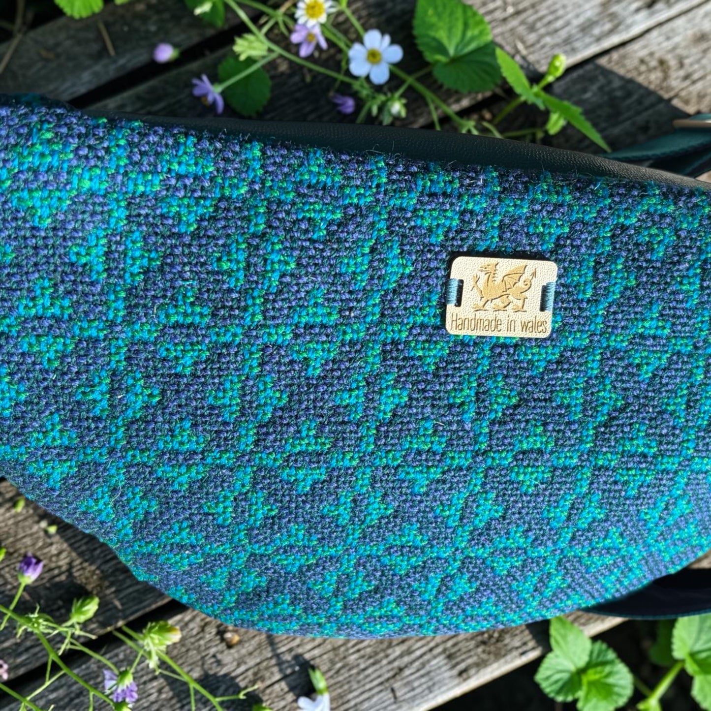 welsh wool tapestry and leather crossbody bumbag