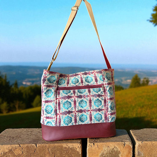Upcycled Wool mix Bucket shoulder bag with Leather base