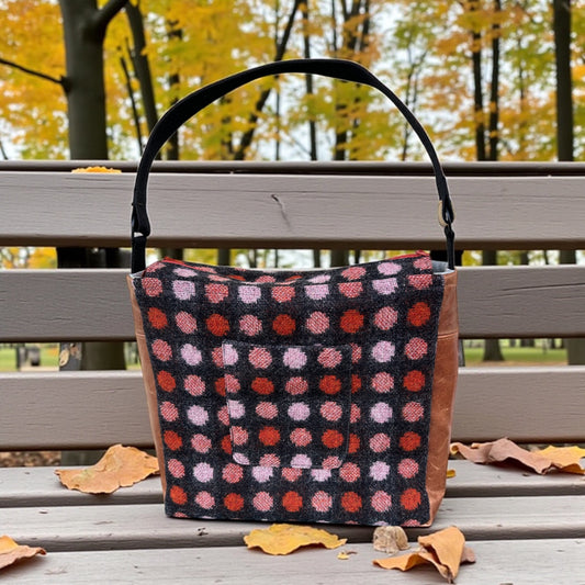 Handcrafted  vintage upcycled wool and leather shoulder bag