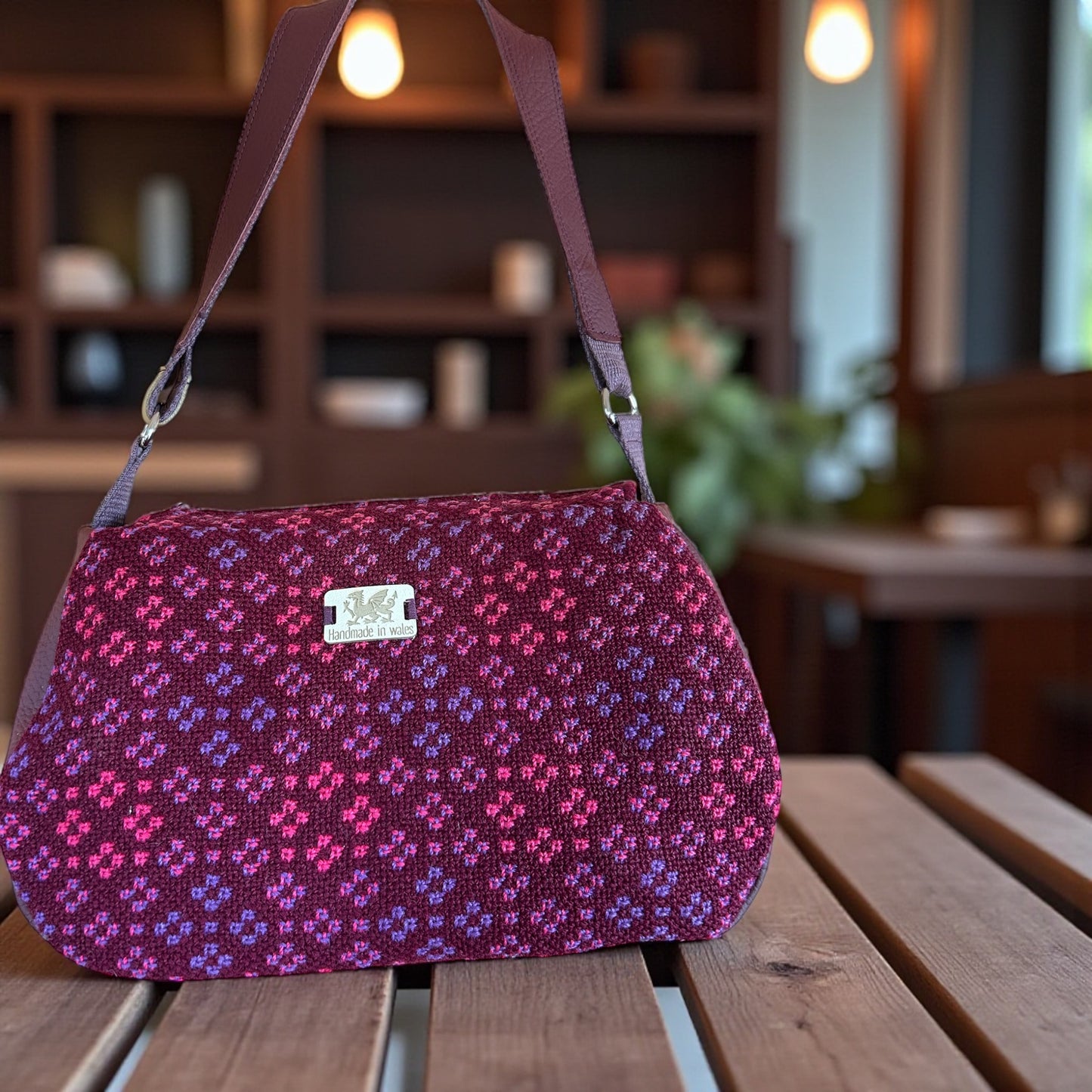 Welsh tapestry and leather baguette shoulder bag