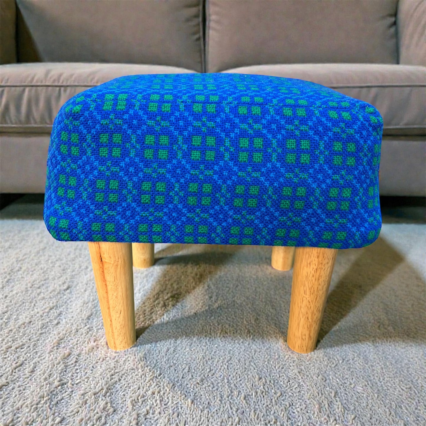 Vintage Welsh tapestry footstool with oak legs