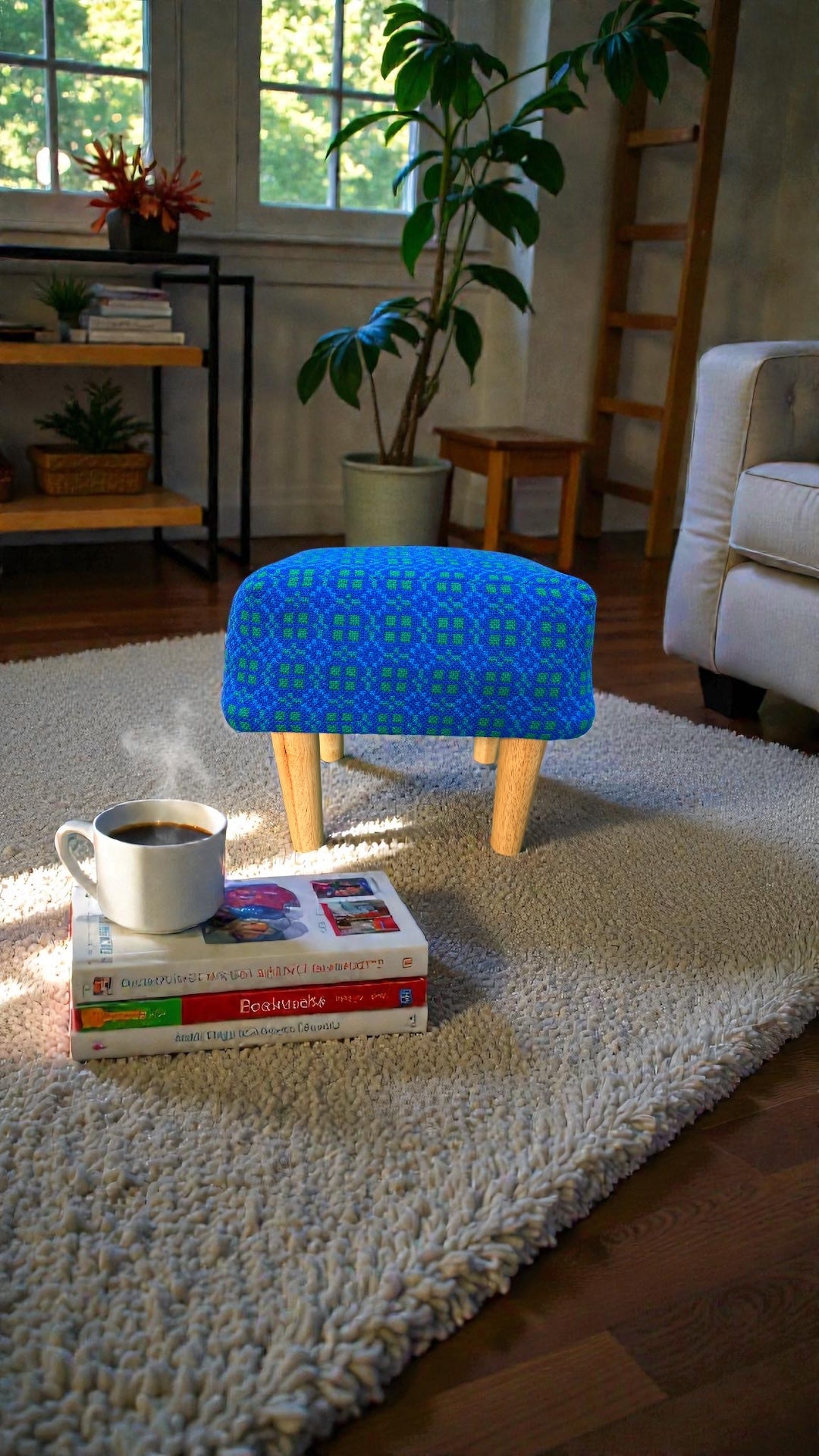 Vintage Welsh tapestry footstool with oak legs