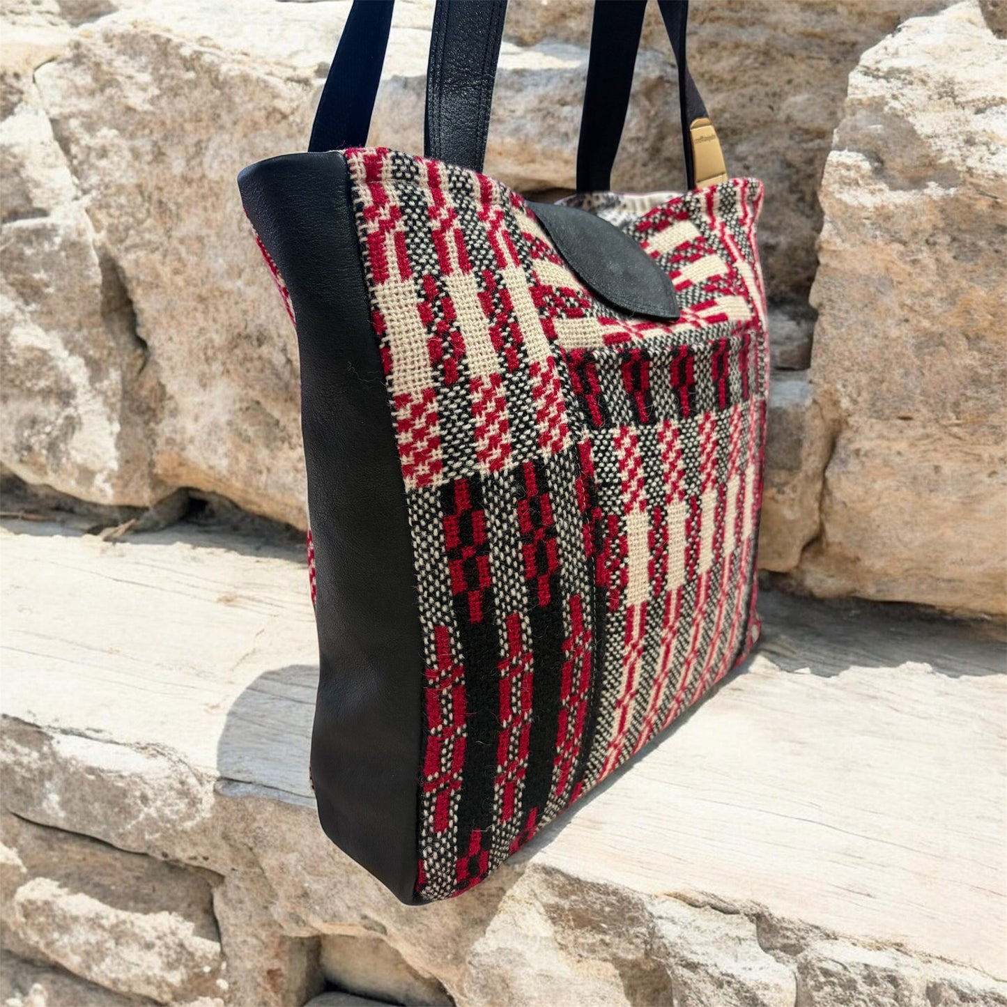 Welsh tapestry and real leather tote bag
